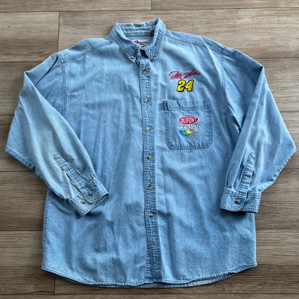 Vintage Competitors View Jeff Gordon 24 DuPont NASCAR Denim Shirt Mens XL Blue